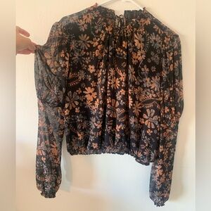 Free People Black and Orange Floral Blouse